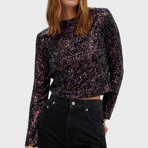 Mango Sequin Cropped Top Mock Neck